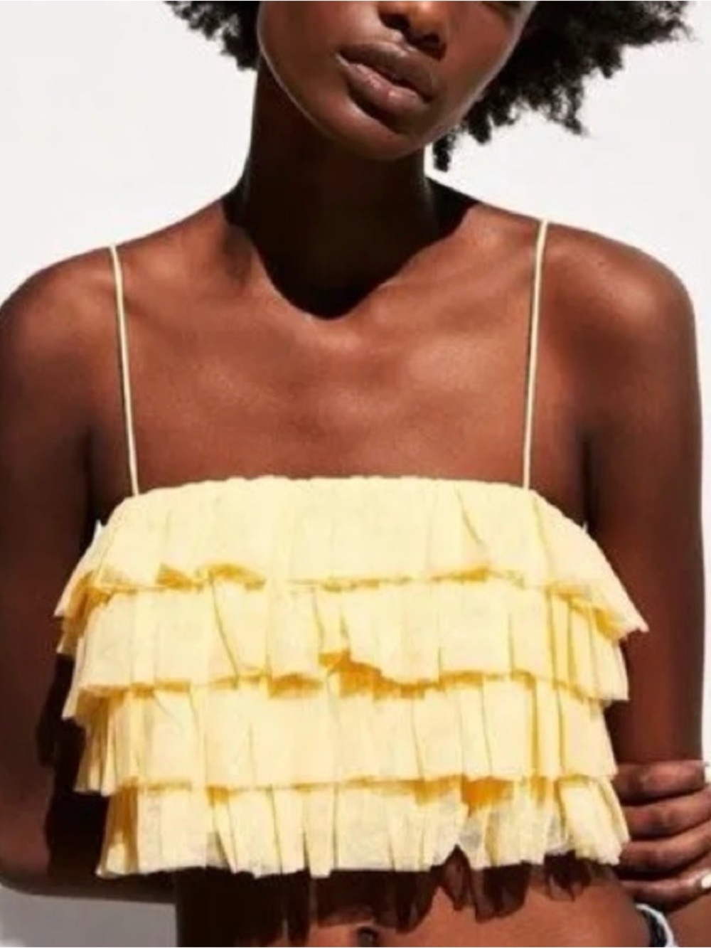 Zara Pale Yellow Tiered Ruffle Spaghetti-Strap Crop Top
